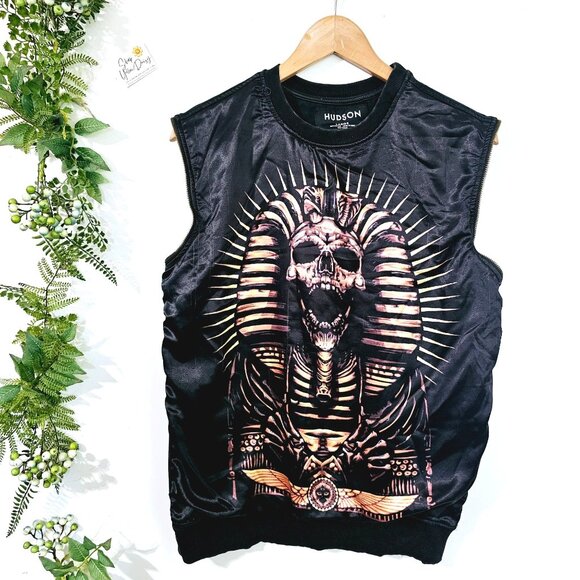 Hudson Pharaoh Skull Print Sleeveless Jacket Vest Sz L Black Zipper Sleeve《909》J - Picture 1 of 7